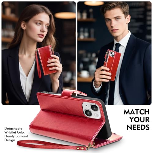 Compatible with iPhone 13 Wallet Case with Card Holder RFID Blocking Zipper Poket PU Leather Flip Phone Case with Wrist Strap Credit Card Slots Men Women,for Apple 13 6.1",Red - color: Red, size: iPhone 13 - 6.1"