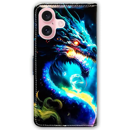 Bcov Case for iPhone 16,Blue Dragon Multifunction Leather Phone Case Wallet Flip Cover with Multi Card Slots Pocket Wrist Strap for Apple iPhone 16 - color: Blue Dragon