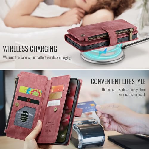 Compatible with iPhone 17 Wallet Case with Card Holder Kickstand Magnetic Zipper Pocket Lanyard Strap Wristlet,Leather Flip Case Wallet for iPhone 17 6.3 Inch (Red) - color: Red, size: iPhone 17 6.3 Inch
