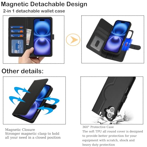 Ｈａｖａｙａ for iPhone 16 Case Detachable Wallet Case with Card Holder，2 in 1 Pu Leather Flip Folio Credit Card Slots Stand Compatible Magsafe Magnetic Shockproof Phone Cover (6.1")-Black - color: Black-Detachable