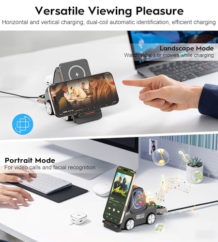 Forklift Wireless Charging Station with Bluetooth Speaker, 4 in 1 Wireless Fast Charger Multiple Devices, Compatible with iPhone16 15 14 13 Pro Max Series, Apple iWatch, Airpods, Android Phones