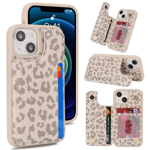 iCoverCase Compatible with iPhone 13 Mini Case with Card Holder, Wallet Phone Case for Women Men RFID Blocking PU Leather Protective Case 5.4 Inch (Beige Leopard) - color: Beige Leopard
