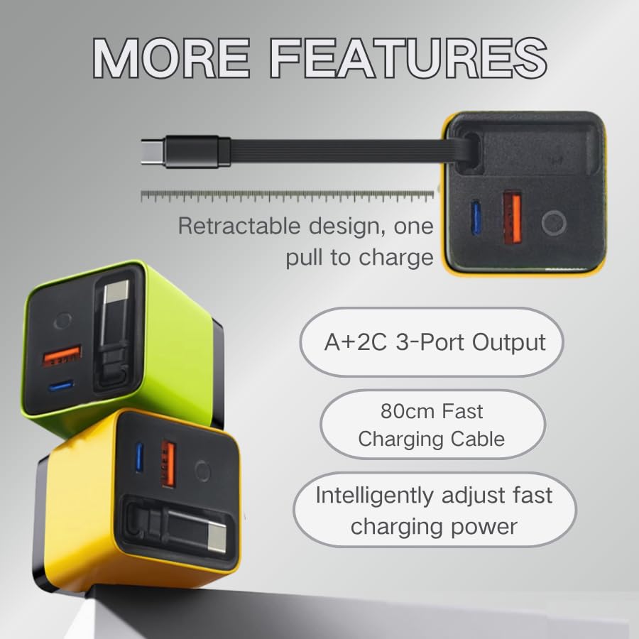 3 in 1 GaN Charger, Scalable 80w Max Fast Charger Module,Retractable Phone Charger Wall Plug,All in One c harger Retractable Cable 17/16/15,Galaxy S25 (Green)
