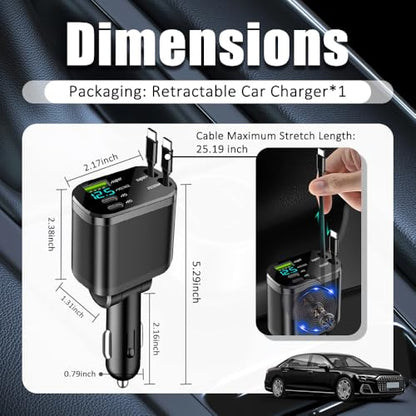 5 in 1 Retractable Car Charger Adapter,Upgraded Car Phone Charger with PD 30W Cable & USB Fast Charging Port,Universal USBs & USB C Cars Chargers Compatible with Android and iPhone