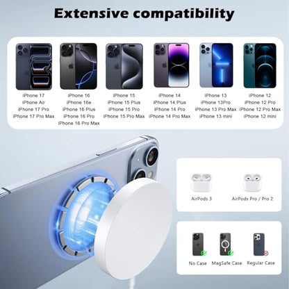Magnetic Charger for iPhone 17,Mag-Safe Fast Wireless Charging 2Pack 15W 6Foot Magnetic Apple Charger Pad with 2Pack USB C PD Fast Charging Block for iPhone 17/17 Pro/16 ProMax/Plus/15,AirPods 3/Pro 2 - size: 6FT