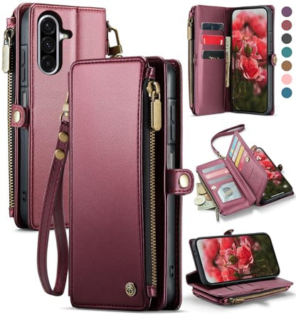 Defencase for Samsung Galaxy A36 5G Wallet Case with Card Holder, Wine Red | RFID Blocking, Zipper Pocket, Durable PU Leather, Wrist Strap, Fashion Snap Flip Phone Cases Cover with Stand for Women Men - color: Wine Red