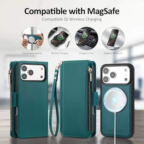 Antsturdy Compatible with MagSafe iPhone 17 Pro Wallet Case,Indigo Blue | Detachable Magnetic Credit Card Holder,RFID Blocking,PU Leather Zipper Purse,Wrist Strap Kickstand,Flip Phone Cover for Women - color: (Detachable with Magsafe)-Indigo Blue