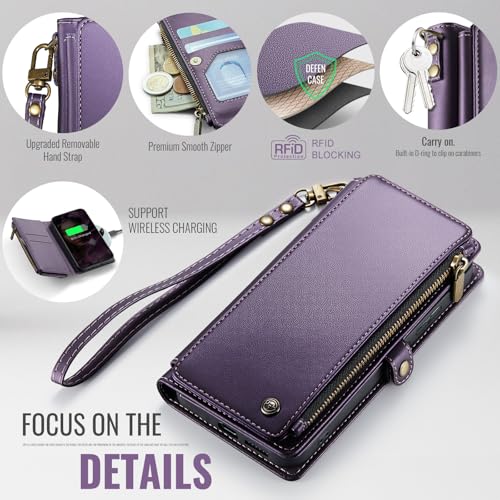 Defencase for Samsung Galaxy S24 Wallet Case with RFID Card Holder, Purple | Durable Soft PU Leather, with Zipper Pocket, Wrist Strap, Fashion Snap Flip S24 Phone Cases Cover with Stand for Women Men - color: Purple