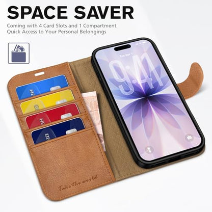 TUCCH Case Wallet for iPhone 17 6.3" 2025, RFID Blocking Folio, Light Brown | 4 Card Holders, Kickstand, PU Leather, Magnetic Closure, Shockproof TPU Shell, Protective Flip Cover - color: Textured Light Brown