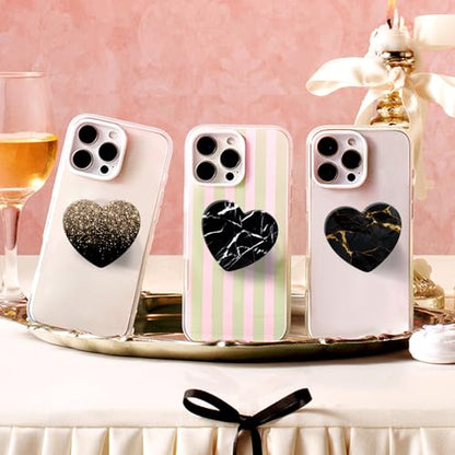 3 Pack Expandiing Cell Phone Grip Heart Shape Glass Finger Holder for Smartphones, Cellphone Collapsible Stand - Black Gold Marble