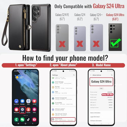 Defencase for Galaxy S24 Ultra Case Wallet Compatible with Magsafe, Black | Magnetic Detachable, RFID Bolcking Card Holder, Zipper Strap, PU Leather Drop-Proof Phone Cover for Samsung Galaxy S24 Ultra - color: (Detachable with Magsafe)-Black