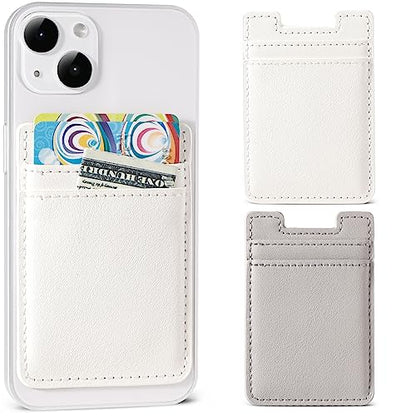 Fulgamo 2Pack Phone Wallet Stick On,Leather Phone Card Holder for Back of Phone Case,Sticky Adhesive Credit Card Pocket RFID iPhone and Android-White,Grey - color: White,Grey