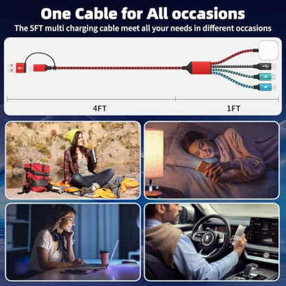 Travel Essentials 4in2 Multi Charging Cable for iPhone Watch Charger, 5FT - color: Red&Black&Turquoise Green&Sky Blue, size: AC to 2C+L+iWatch