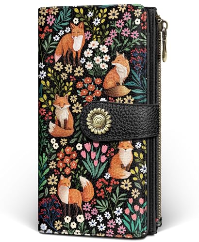 GIANCOMICS Cute Fox Womens Wallet RFID Blocking, Credit Card Holder Bifold | Billfold, Cute Cash Purse, Travel Zipper Coin Pocket, Compact Clutch, PU Leather, ID Window, 11 Card Slots, Ladies Gift Woman - color: Fox and Flowers