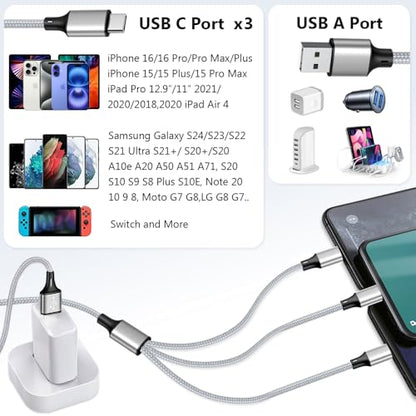 Multi Charging Cable, USB C Splitter Cable, 3 in 1 Fast Charging Cord