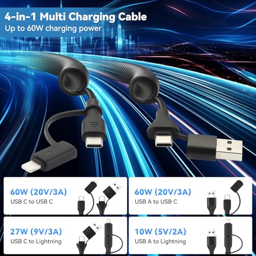 aceyoon Retractable Lightning Cable 4 in 1 Coiled Multi Charging Cable 3FT, 60W USB to Lightning Fast Charging & Data Sync USB C Cord for Apple Carplay & Android Auto for iPhone 16 15 14 13 Pro Max