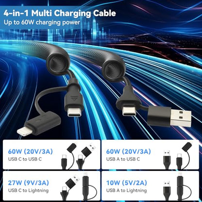 aceyoon Retractable Lightning Cable 4 in 1 Coiled Multi Charging Cable 3FT, 60W USB to Lightning Fast Charging & Data Sync USB C Cord for Apple Carplay & Android Auto for iPhone 16 15 14 13 Pro Max