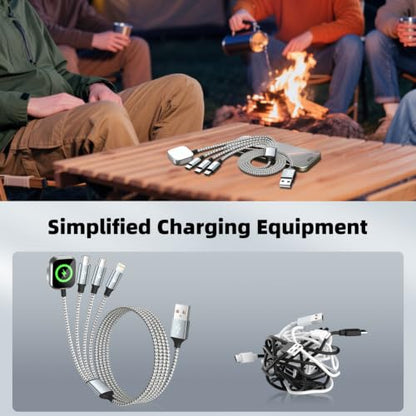 Travel Essentials 4in1 Multi Charging Cable for iPhone Watch Charger 3PK5FT - color: Light Grey Silver, size: AC to 2C+L+iWatch