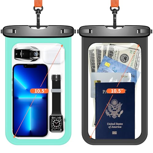 Lanhiem Large Waterproof Phone Pouch [Up to 10.5"] Universal IPX8 Waterproof Dry Bag with Lanyard for iPhone 17 Pro Max /16/15, S25 Ultra/ S24/ S23 Plus/FE, Moto G/Pixel 10 9 8 Pro, Black+Green