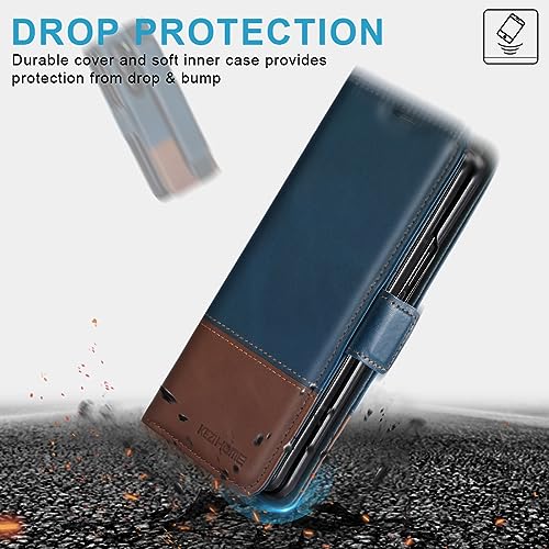 KEZiHOME Genuine Leather Wallet Case for Samsung Galaxy Z Fold 6 - color: Royal Blue Brown, size: Galaxy Z Fold 6 Case