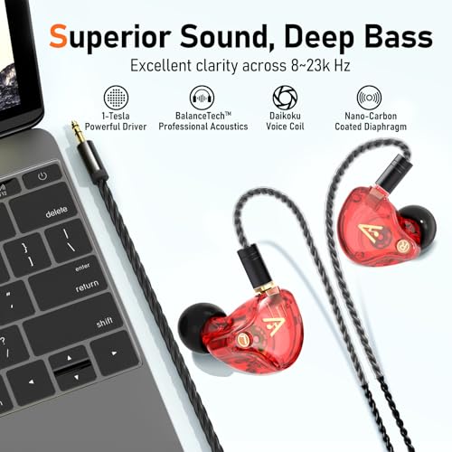 Audiovance Vibes 202 HiFi Wired Earbuds, IEM in-Ear Monitor Headphones - color: 3-Red