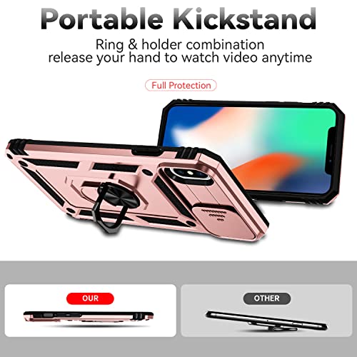 for iPhone XS Max Case with Camera Lens Cover HD Screen Protector, Dual Layer Military Grade Drop Protection Magnetic Ring Holder Kickstand Protective Phone Case for iPhone XS Max 6.5 inch (Rose Gold) - color: Rose Gold with camera cover Military-Grade 2n