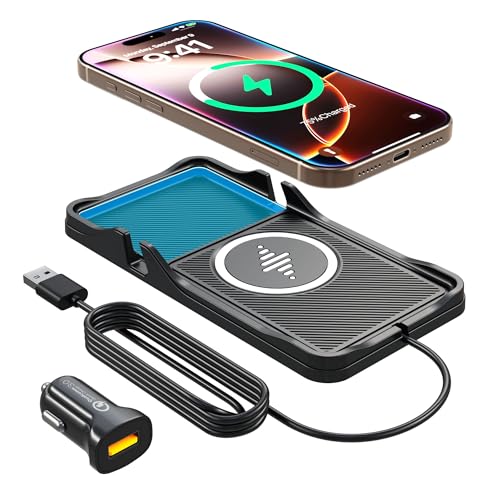 Wireless Car Charger Pad for iPhone 17/16/15/14/13/12 & Samsung, Non Slip Fast Wireless Charging Pad for Car Dashboard Console, Portable USB A Phone Charger for Vehicle SUV Truck Travel