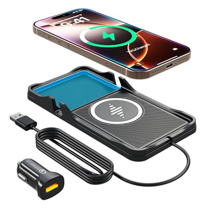 Wireless Car Charger Pad for iPhone 17/16/15/14/13/12 & Samsung, Non Slip Fast Wireless Charging Pad for Car Dashboard Console, Portable USB A Phone Charger for Vehicle SUV Truck Travel