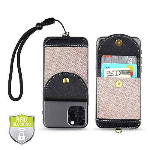 Cell Phone Wallet for Back of Phone with Wrist Strap, Stick On Wallet Credit Card ID Holder with RFID Protection Compatible with iPhone, Galaxy & Most Smartphones and Cases - color: Lavender