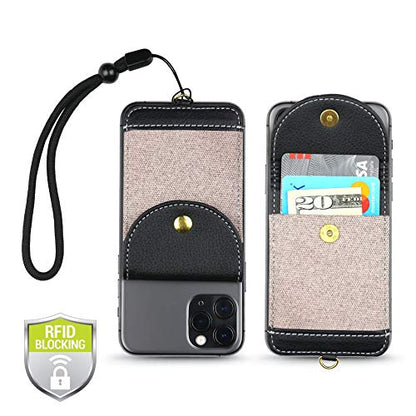 Cell Phone Wallet for Back of Phone with Wrist Strap, Stick On Wallet Credit Card ID Holder with RFID Protection Compatible with iPhone, Galaxy & Most Smartphones and Cases - color: Lavender