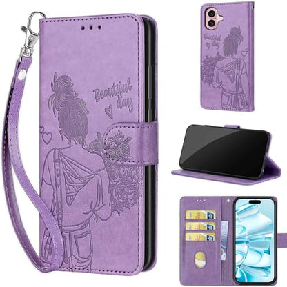 Wallet Case for iPhone 16, Purple Girl | Women Flip Folio Cover, Embossed PU Leather, Stand, Credit Card Holders Slots, Wrist Strap - color: 10