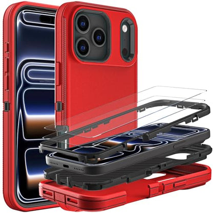 YKHJKLEC for iPhone 17 Pro Case, Military Grade 3 in 1 Heavy Duty Shockproof/Drop Proof/Dust Proof Case with 2Pcs Tempered Glass Screen Protector (Red/Black) - color: Red/Black