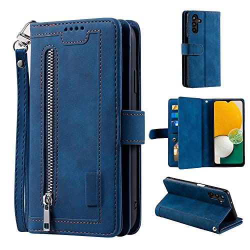 EYZUTAK Wallet Phone Case for Samsung Galaxy A15 4G/5G, Retro Matte 9 Card Holder Slots Zipper Pocket Handbag Case PU Leather Magnetic Closure Kickstand with Wrist Strap Flip Folio Purse Case - Blue - color: Blue, size: Samsung Galaxy A15 4G/5G