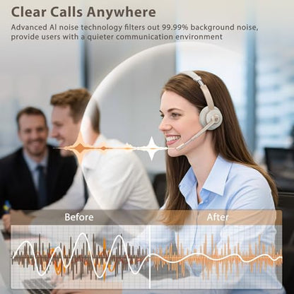 Wireless Headset, Bluetooth Headphones with Microphone AI Noise Canceling/Charge Dock, Wireless Headset with Mic Mute & USB Dongle for Computer Phone Remote Work Office Call Meeting Teams