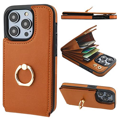 Folosu Compatible with iPhone 14 Pro Case Wallet with Card Holder, 360°Rotation Finger Ring Holder Kickstand, RFID Blocking Leather Protective Double Buttons Shockproof Cover 6.1 Inch Brown - color: Brown, size: iPhone 14 Pro