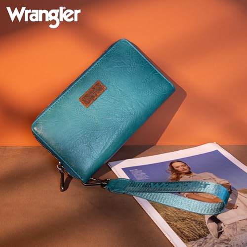 Wrangler Womens Wallet Wristlet Long Purse Designer Clutch Large Capacity Credit Card Holder for Women Men - color: A-Turquoise