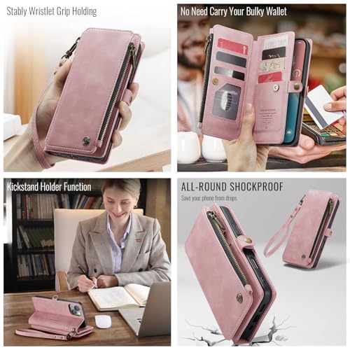 Defencase for iPhone 14 Plus Wallet Case with RFID Card Holder, Rose Pink | Durable Soft PU Leather, with Zipper Pocket, Wrist Strap, Fashion Snap Flip Phone Cases Cover with Stand for Women and Men - color: Rose Pink