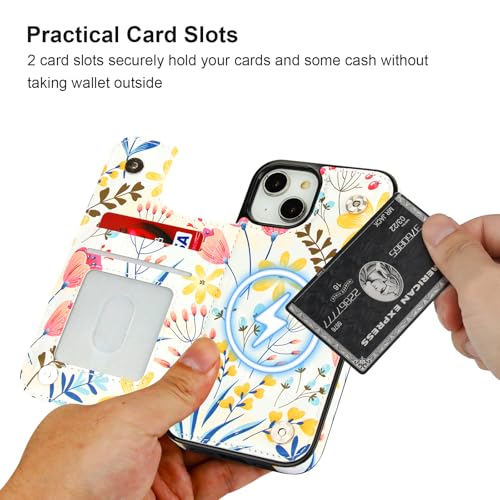 HAOPINSH for iPhone 14 Case Wallet Compatible with MagSafe Wireless Charging, Floral Flower Pattern Back Flip Folio RFID Blocking Leather Kickstand Card Slots Case Double Magnetic Clasp Cover 6.1" - color: Floral Flower MagSafe