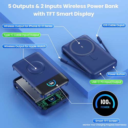 Ekrist Magnetic Portable Charger 10800mAh for MagSafe with Built-in Cable,iWatch Charger,Wireless Power Bank Travel Essentials,25W Fast Charging Battery Pack for iPhone 17/16/15/14,Apple Watch(Blue) - color: Blue