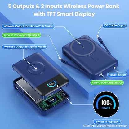 Ekrist Magnetic Portable Charger 10800mAh for MagSafe with Built-in Cable,iWatch Charger,Wireless Power Bank Travel Essentials,25W Fast Charging Battery Pack for iPhone 17/16/15/14,Apple Watch(Blue) - color: Blue