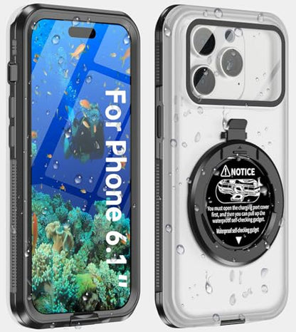 Waterproof Phone Case for iPhone 6.1‘’, Self-Check Function Underwater Pouch Dry Bag Beach Travel Essentials Floating Shower Snorkeling for iPhone 15/14/13/12/11,15/14/13/12/11 Pro, XR/XS 6.1"