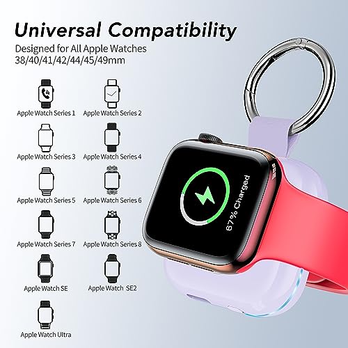 Portable Travel Charger for Apple Watch Series 8,Wireless iWatch Charger 1200mAh Power Bank with Charging Cable, Purse Keychain Smart Chargers for Apple Watch Series 11/10/9/8/7/6/SE/5/4/3/2/1/UItra - color: Purple