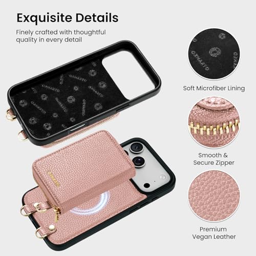 ORNARTO Magnetic Detachable Wallet Case for iPhone 17 Pro Max, Pink | Compatible with MagSafe, Crossbody Wallet Case with Card Holder Wrist Strap, RFID Blocking PU Leather Wallet Phone Cover 6.9” - color: Pink