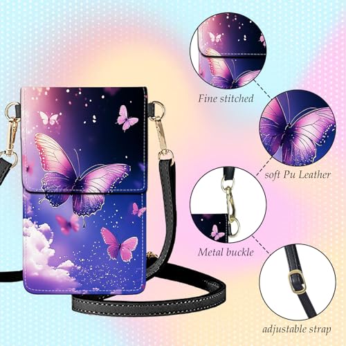 Small Crossbody Bags for Women Touchscreen Cell Phone Bag Cross Body Purses with adjustable Strap,Gifts For Teenage Girls - color: Purple Butterflies Blue Sky
