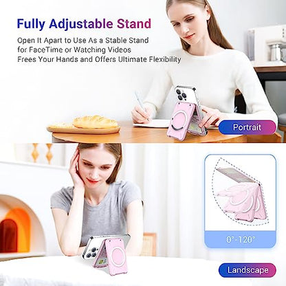 PROfezzion Double Sided Magnetic Phone Card Holder Wallet for MagSafe, Pink | RFID Blocking, Compatible with iPhone 17 16 15 14 13 12 Pro Max Plus, Holds 4-Cards, Secure Snap Latch, Adjustable Stand - color: PINK
