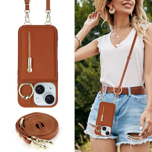 Crossbody Wallet Case for iPhone 11, with Card Slots Zipper Pocket Case, Flip Folio Purse RFID Blocking with Ring Kickstand Detachable Strap-Brown - color: Brown, size: iPhone 11(6.1")