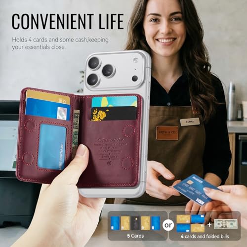 Magnetic Wallet Card Holder with RFID Protection, PU Leather Slim Wallet, Strong Magnet Attachment for iPhone 18/17/16/15/14/13/12 Series Pro Max Plus Mini-Wine - color: Wine