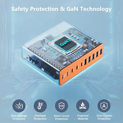320W USB C Charger Block, MGRNPONY 10-Port GaN USB C Charging Station - color: Orange