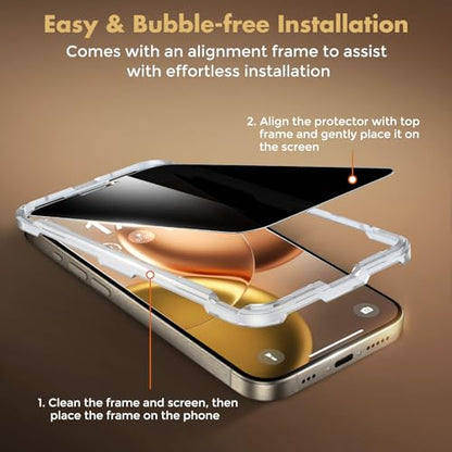 UNBREAKcable Privacy Screen Protector for iPhone 15 Pro, Full Coverage Shatterproof Tempered Glass [True 28°Anti Spy] [9H Hardness] [Easy Installation Frame] 2-Pack Private Screen for iPhone 15 Pro - size: iPhone 15 Pro