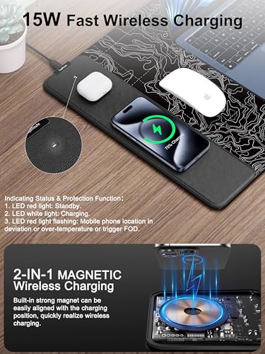 Mouse Pad with Wireless Charging, Large Desk Mat, Black Topographic Map #3 - color: Black Topographic Map #3